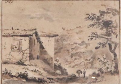 dessin représentant un paysage avec une maison et un cheval au premier plan