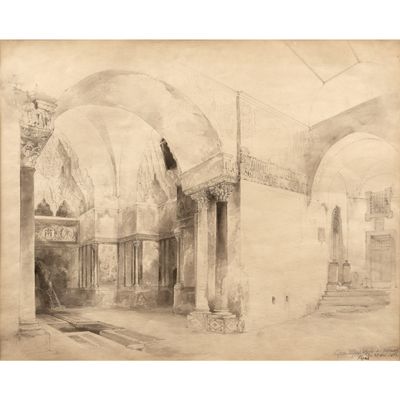 un vieux dessin représentant un bâtiment avec des colonnes et des arcades