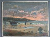 an oil painting of a boat on a beach with a man standing in the water