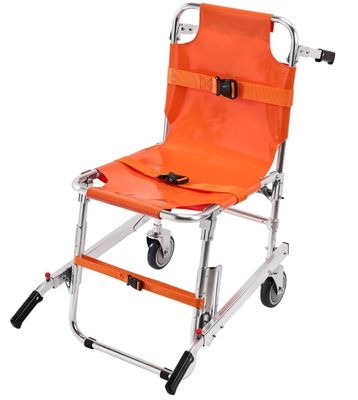 a close up of an orange chair with wheels on a white background