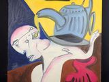 un tableau représentant une femme avec une théière posée sur une table