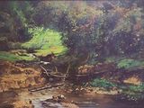 a picture of a painting of a stream in the woods