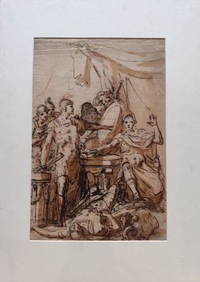 an image of a drawing of a group of people standing around a table