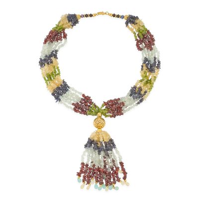 collier multicolore en perles avec pompon et pompon