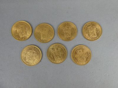 six gold sovereigns of different sizes and shapes