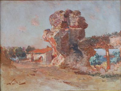an image of a painting of a rock formation in the desert