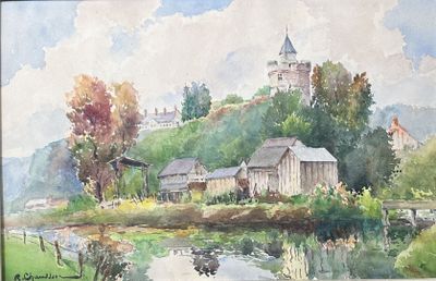 watercolor painting of a farm with a castle in the background