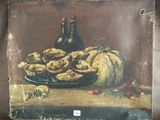 une peinture représentant une nature morte avec une bouteille de vin et une assiette de nourriture
