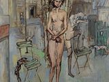 un tableau représentant une femme nue debout dans une cour