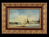 une peinture à l'huile représentant des bateaux sur un plan d'eau, sur fond noir