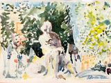 a watercolor painting of a man and a woman in a park