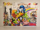 painting of a duck in a tuxedo hat with a rainbow in the background