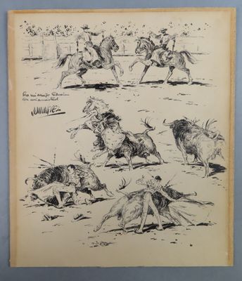 drawing of a group of men on horses chasing a cow