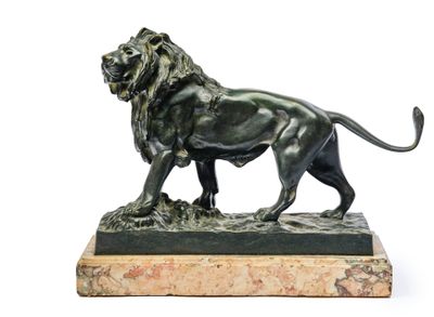 statue of a lion on a marble base on a white background