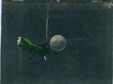 tableau représentant un avion vert orné d'un crâne, volant devant la lune
