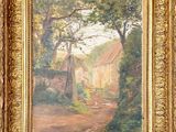 une peinture à l'huile représentant une route de campagne avec une maison à l'arrière-plan