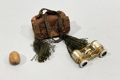 two binoculars and a walnut on a white surface