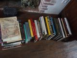 beaucoup de livres posés par terre devant une cheminée
