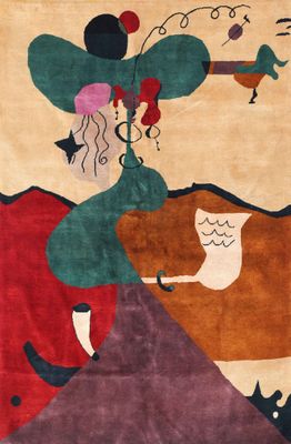 an image of a rug with a woman and a cat on it