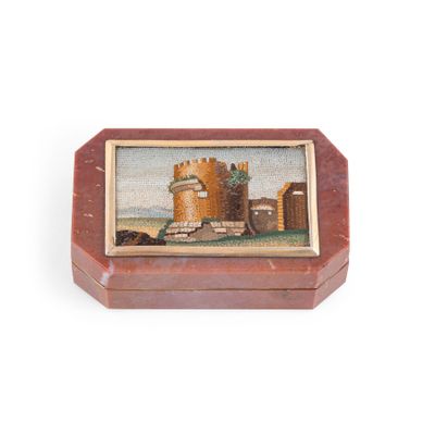 painting of a castle in a wooden box on a white surface