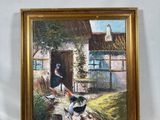 tableau représentant des poulets devant une maison, avec un chien et un chat sur le seuil