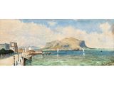 painting of a view of a harbor with boats and a mountain in the background
