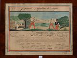 an old document with a painting of a man and a woman playing golf