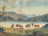 a painting of a group of people riding horses by a lake