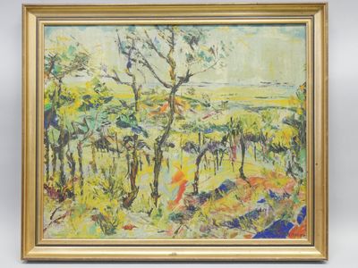 une image d'un tableau représentant un paysage avec des arbres au premier plan