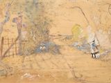 painting of a person walking down a dirt road with a dog