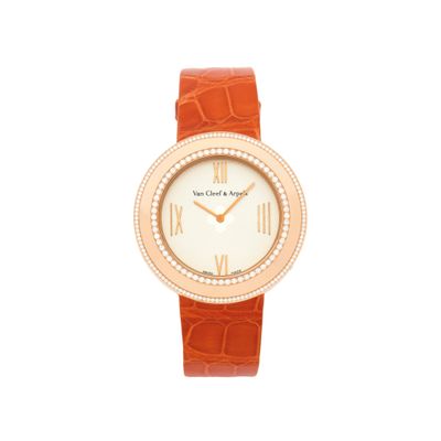 Montre pour femme Van Cleef & Co. avec bracelet en cuir orange et lunette sertie de diamants