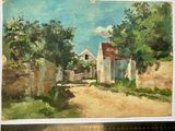 an oil painting of a house on a dirt road next to a fence