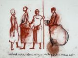 drawing of a group of people standing next to each other on a wall