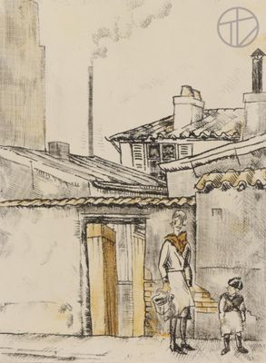 drawing of a woman and child standing in front of a building