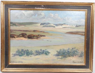 une peinture à l'huile représentant un paysage avec une rivière et des montagnes en arrière-plan