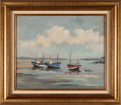 an oil painting of three boats floating in the water