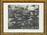 an image of a black and white drawing of birds flying in the sky