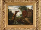an oil painting on canvas of a farm scene with cows and a house