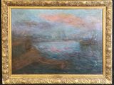 une peinture à l'huile représentant un bateau dans un plan d'eau