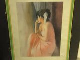 painting of a woman in a pink dress leaning against a wall
