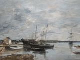 a painting of boats on the water near a shore