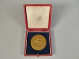an image of a gold medal in a red box on a white surface