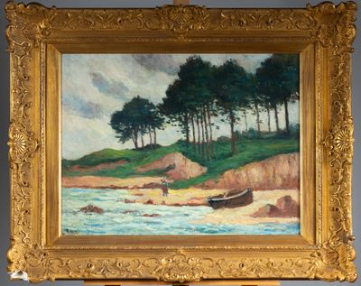 an image of a painting of a boat on a beach