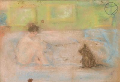 a painting of a woman sitting on a couch with a dog