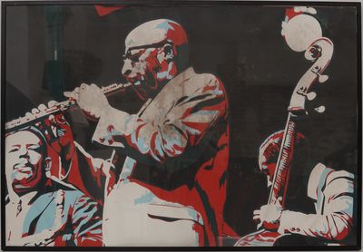 tableau représentant un homme jouant de la trompette devant un groupe de musiciens