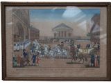 painting of a horse drawn carriage being pulled down a street