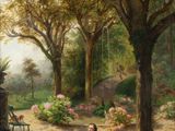 an image of a painting of a woman sitting on the ground in a park