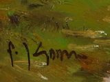 an image of a painting of a person riding a horse down a country road