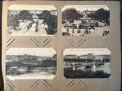four pictures of a view of a city from a book