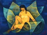 painting of a nude woman sitting on a large flower with a blue background